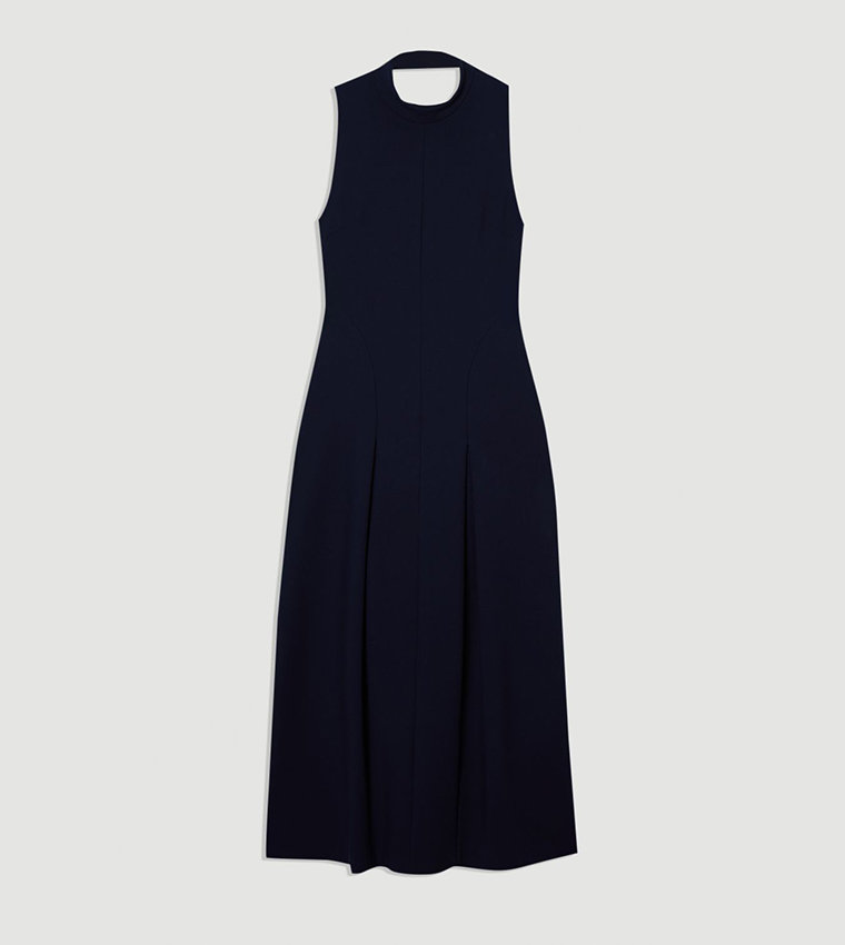 Compact Stretch High Neck Open Back Tailored Maxi Dress