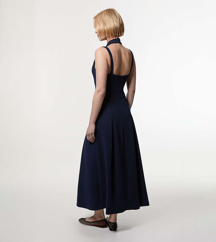Compact Stretch High Neck Open Back Tailored Maxi Dress