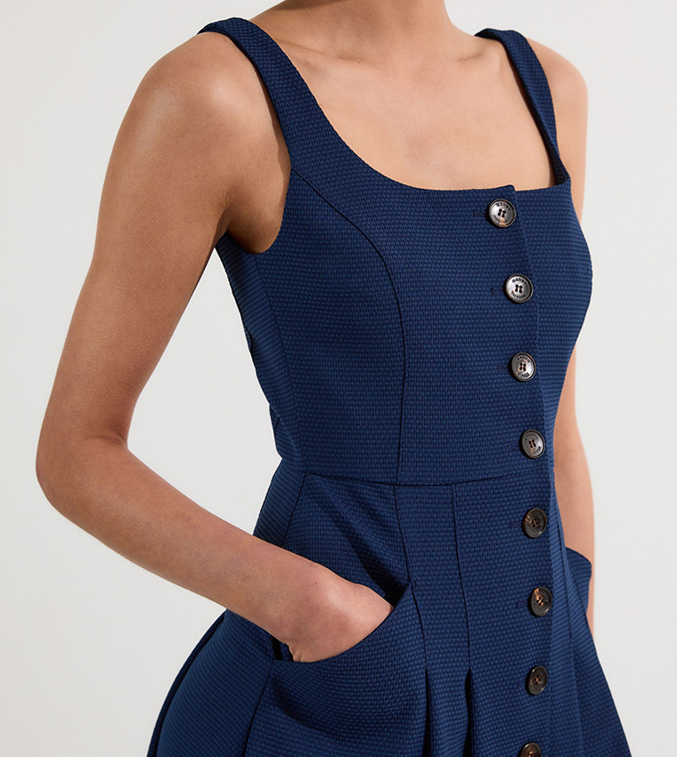 Tailored Textured Button Though Strappy Full Midi Dress