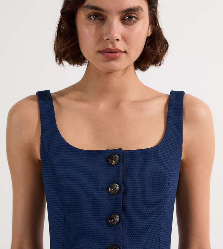 Tailored Textured Button Though Strappy Full Midi Dress