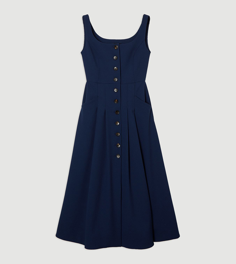 Tailored Textured Button Though Strappy Full Midi Dress