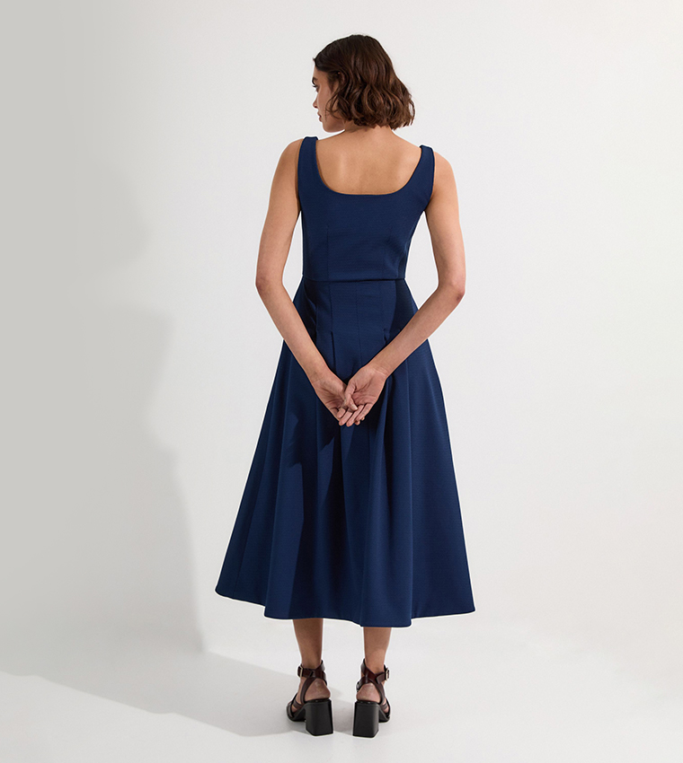 Tailored Textured Button Though Strappy Full Midi Dress