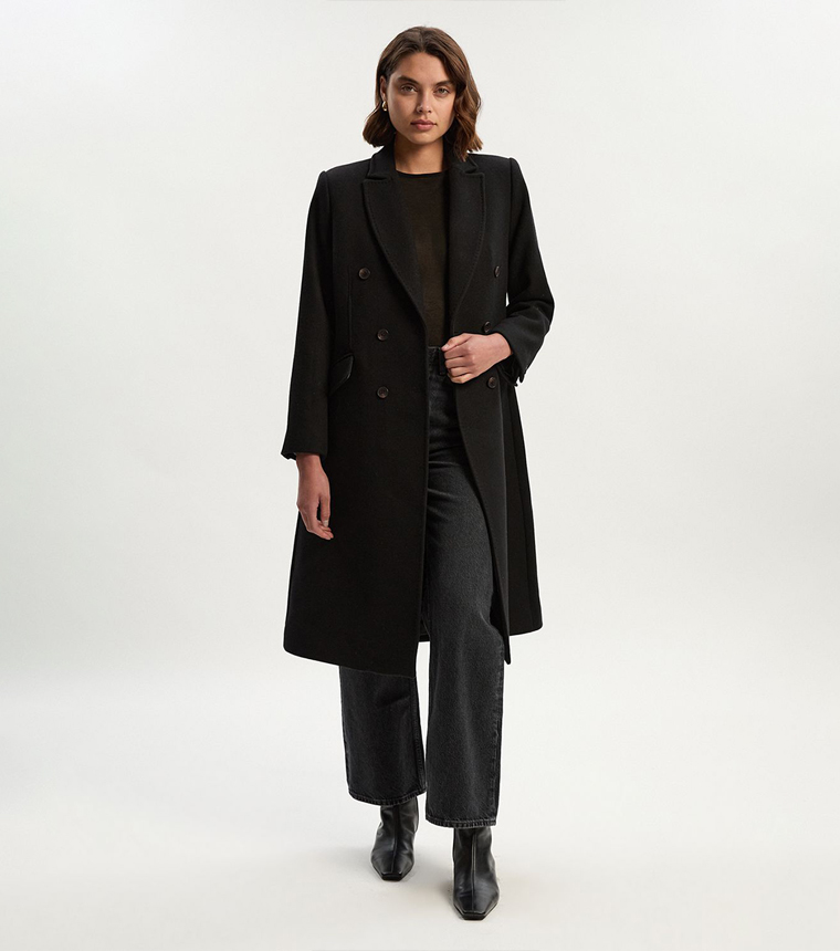 Wool Fitted Double Breasted Tailored Midi Coat