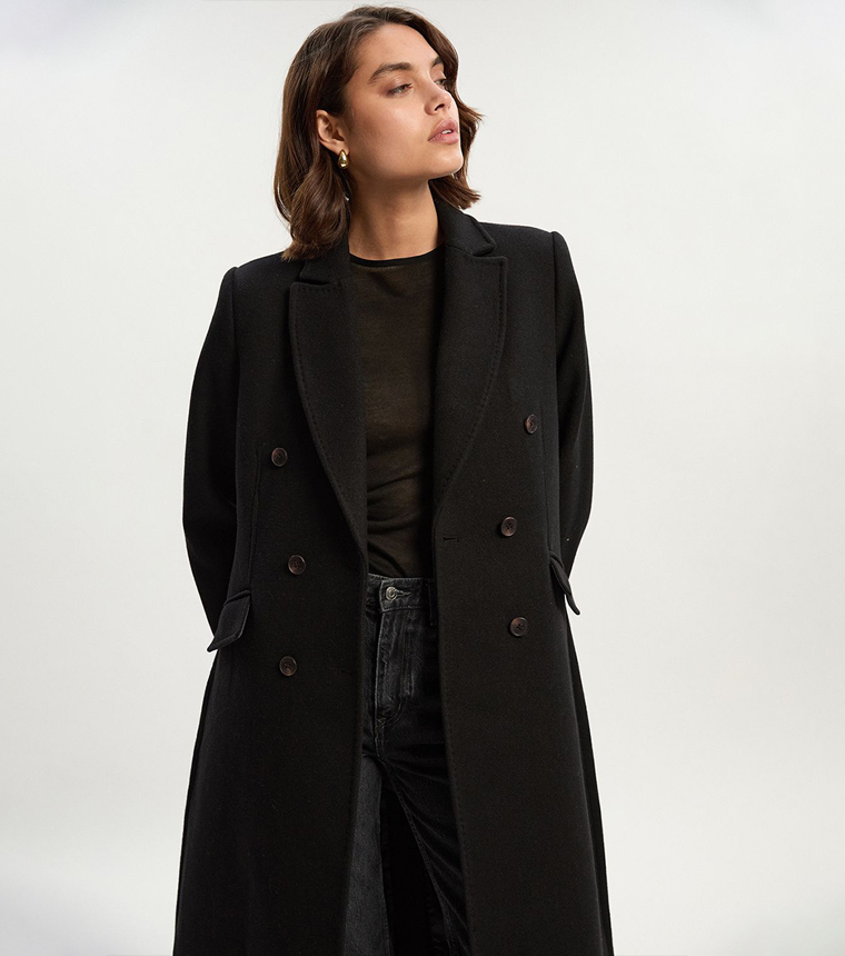 Wool Fitted Double Breasted Tailored Midi Coat