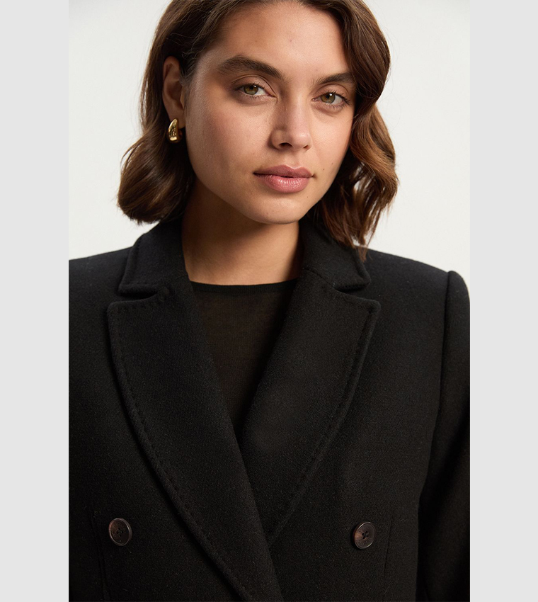 Wool Fitted Double Breasted Tailored Midi Coat