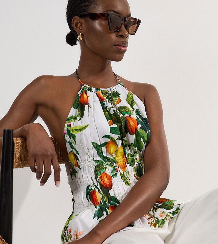 Buy Karen Millen Petite Shirred Tiered Fruit Print Halterneck Maxi