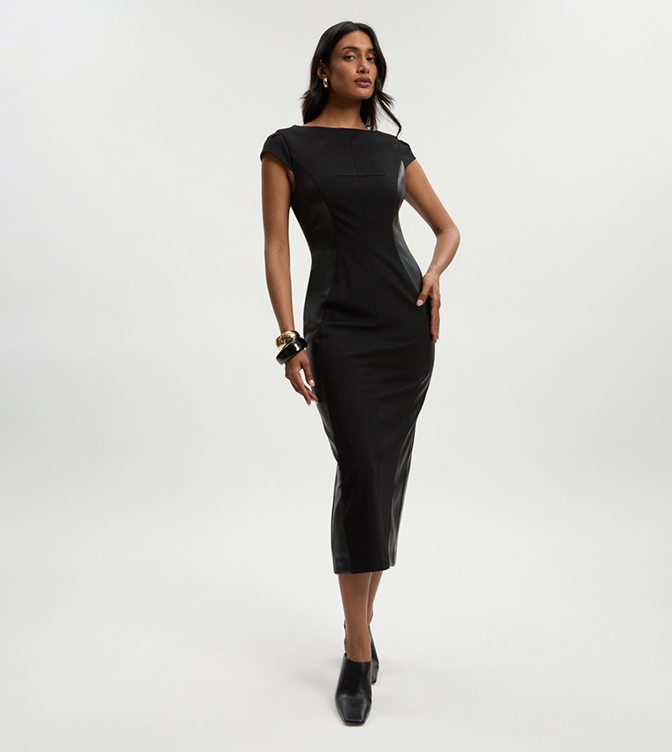 Solid Short Sleeves Tailored Pencil Midi Dress