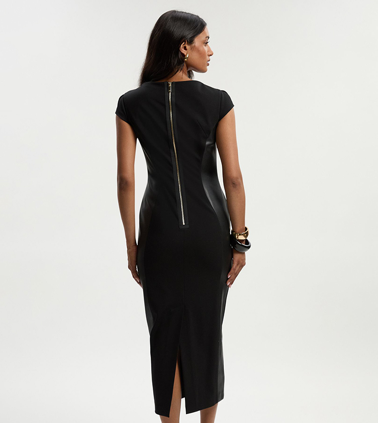 Solid Short Sleeves Tailored Pencil Midi Dress