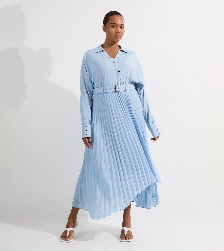 Curve Jersey and Georgette Mix Belted Pleat Midi Dress