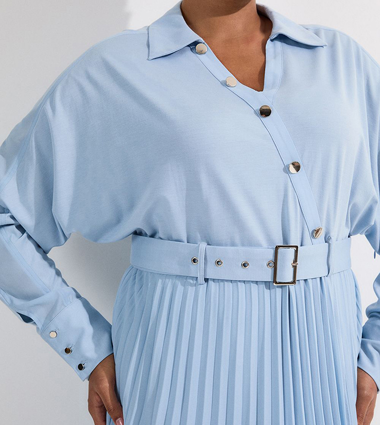 Curve Jersey and Georgette Mix Belted Pleat Midi Dress