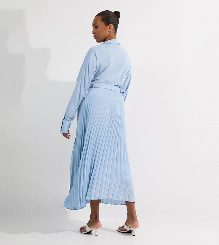 Curve Jersey and Georgette Mix Belted Pleat Midi Dress