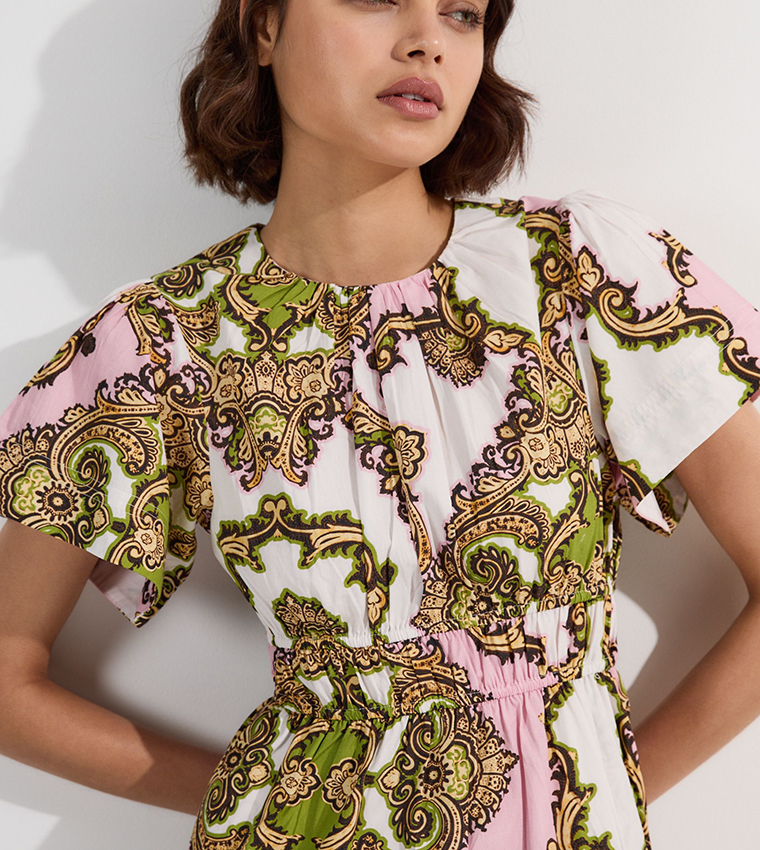 Shirred Cotton Tiered Tile Print Woven Mini Dress