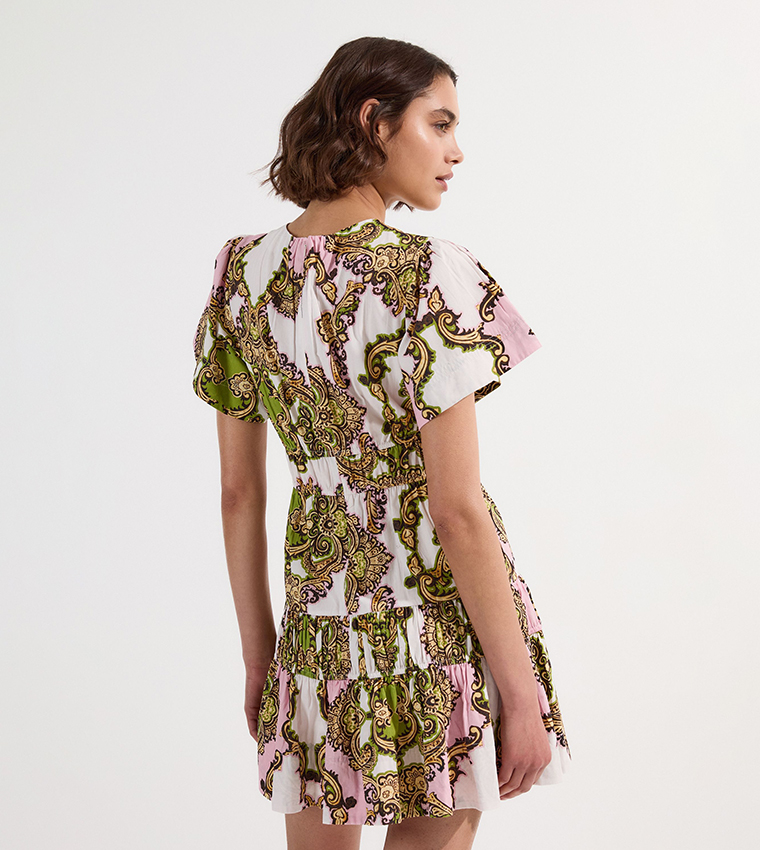 Shirred Cotton Tiered Tile Print Woven Mini Dress