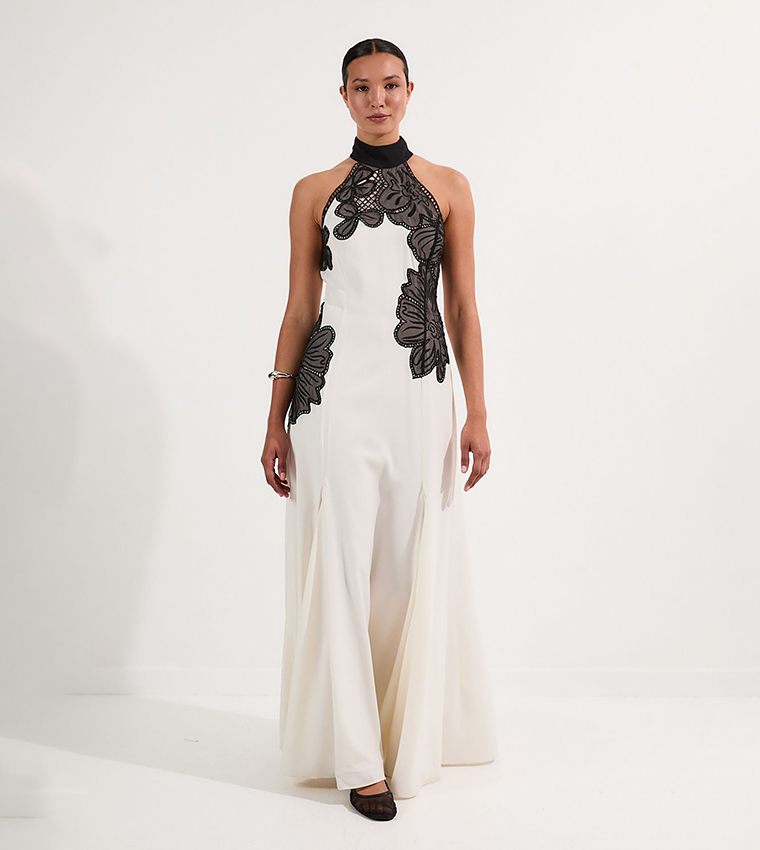 Embroidered Appliqued Crepe Halter Woven Maxi Dress