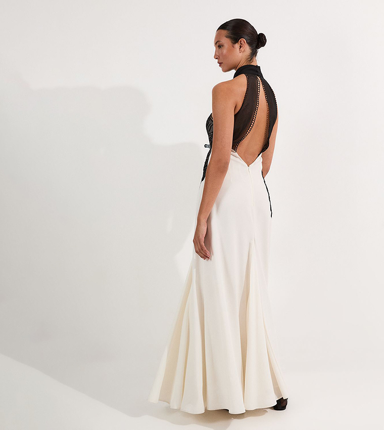 Embroidered Appliqued Crepe Halter Woven Maxi Dress