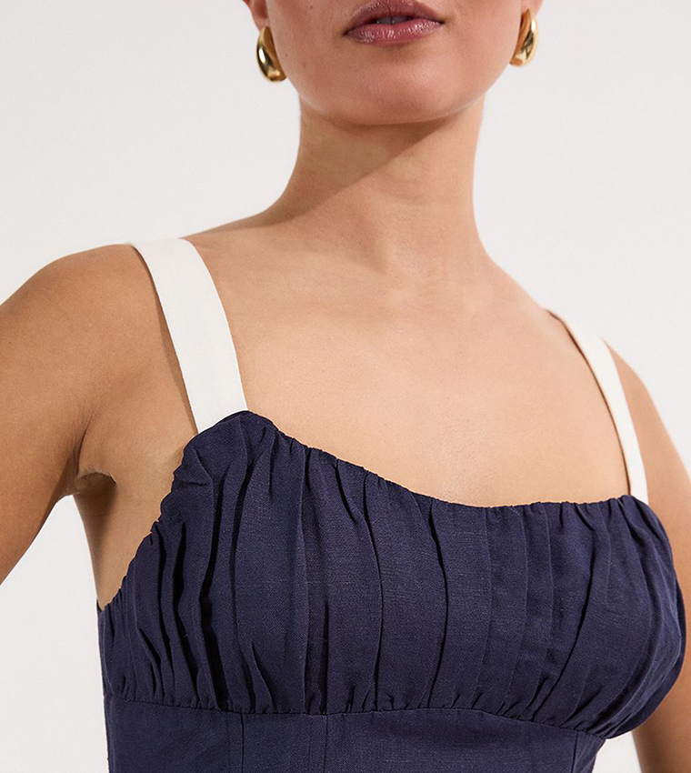Linen Viscose Color Block Strappy Woven Midi Dress