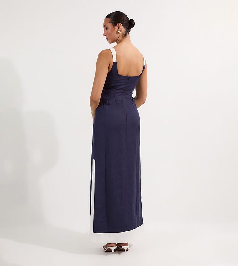 Linen Viscose Color Block Strappy Woven Midi Dress