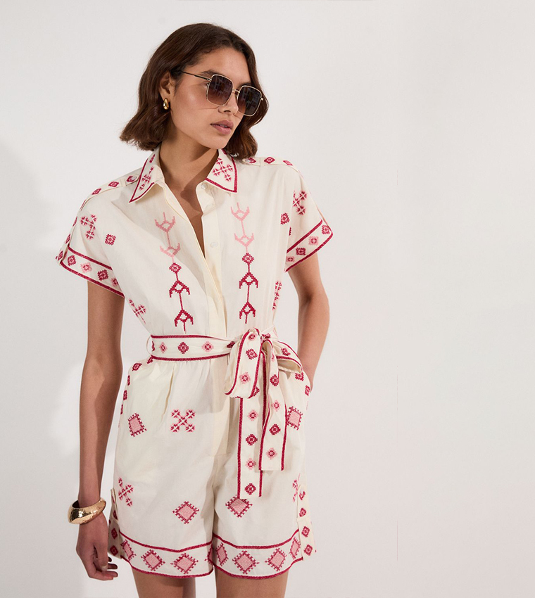 Buy Karen Millen Petite Cotton Embroidered Woven Playsuit In White