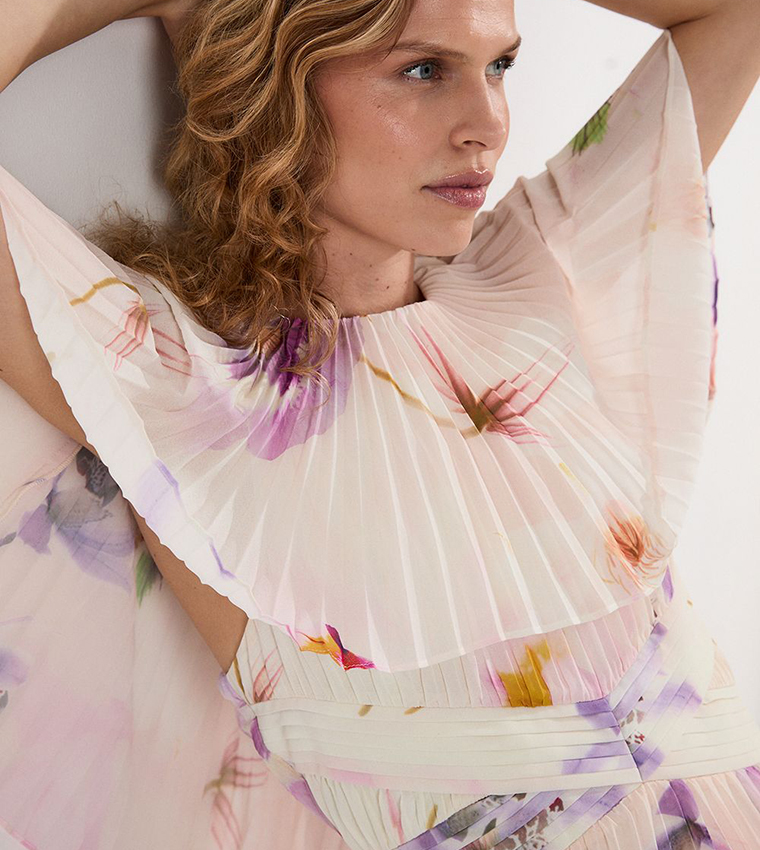 Pleated Floral Cape Sleeves Low Back Woven Maxi Dress