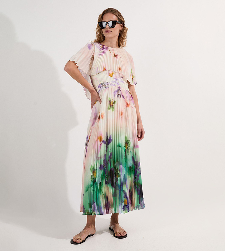 Pleated Floral Cape Sleeves Low Back Woven Maxi Dress