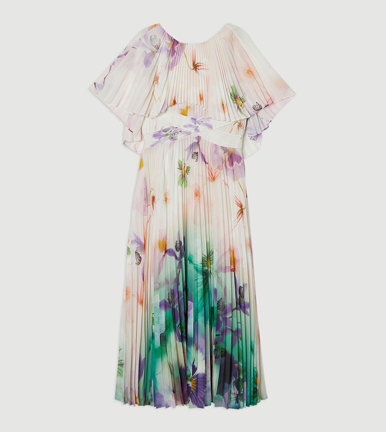 Pleated Floral Cape Sleeves Low Back Woven Maxi Dress