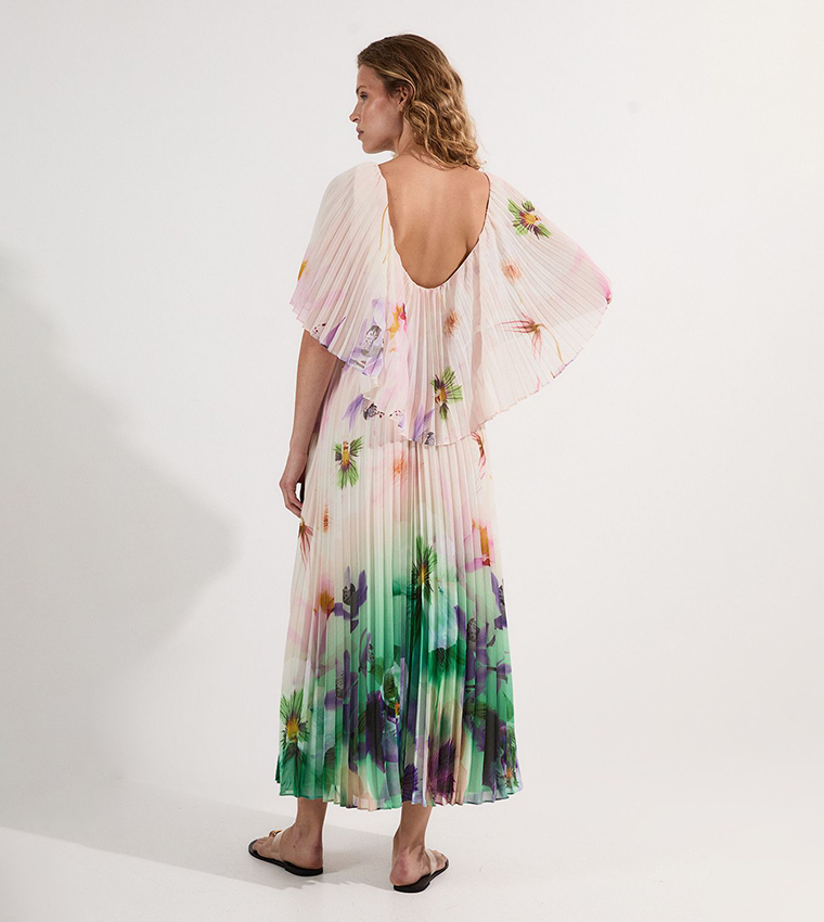 Pleated Floral Cape Sleeves Low Back Woven Maxi Dress