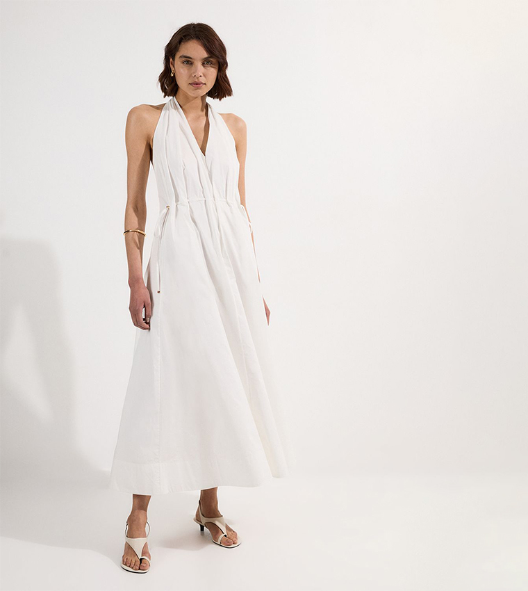 Solid Ruched Waist Midi Dress