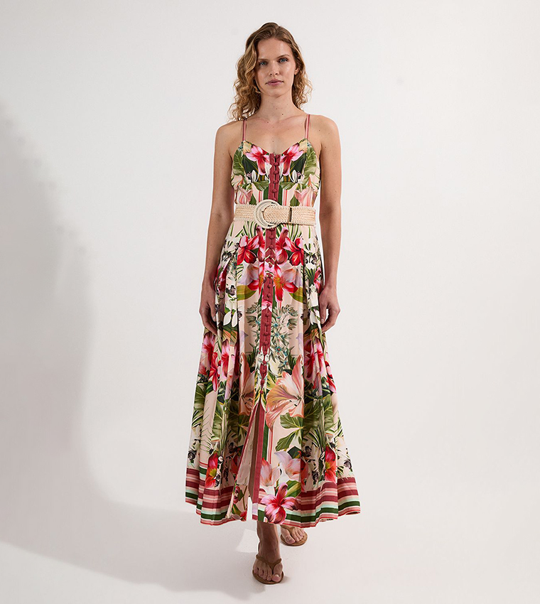 Petite Floral Printed Viscose Linen Woven Midaxi Dress