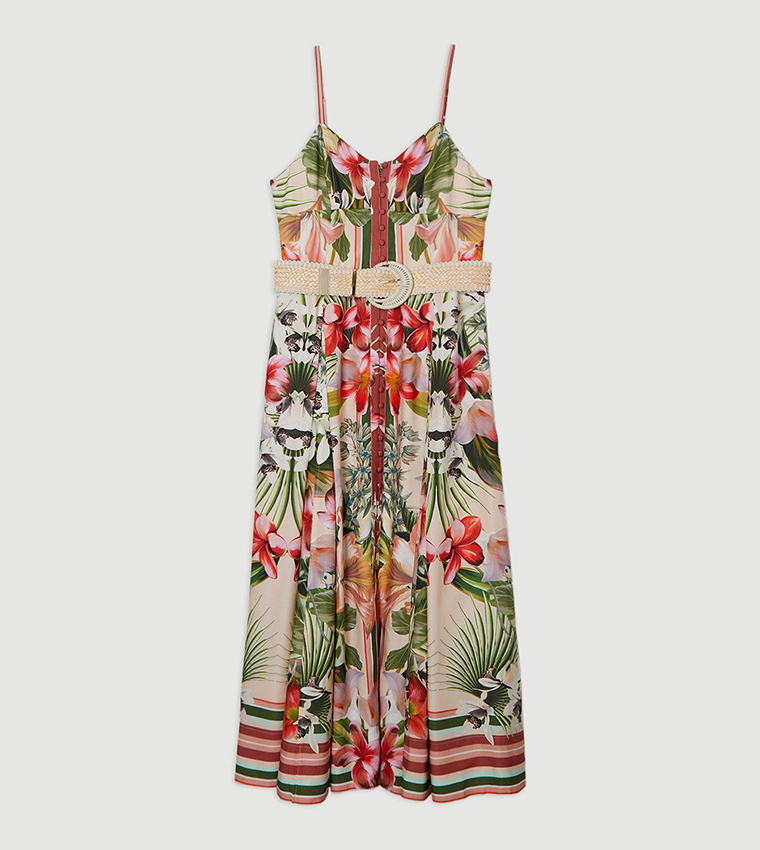Petite Floral Printed Viscose Linen Woven Midaxi Dress