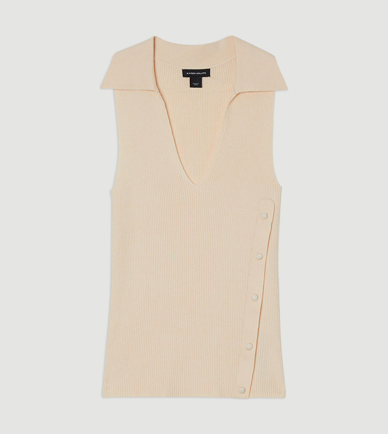 Rib Knit Sleeveless Top with Button Detail
