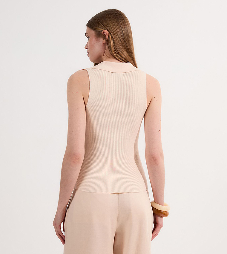 Rib Knit Sleeveless Top with Button Detail