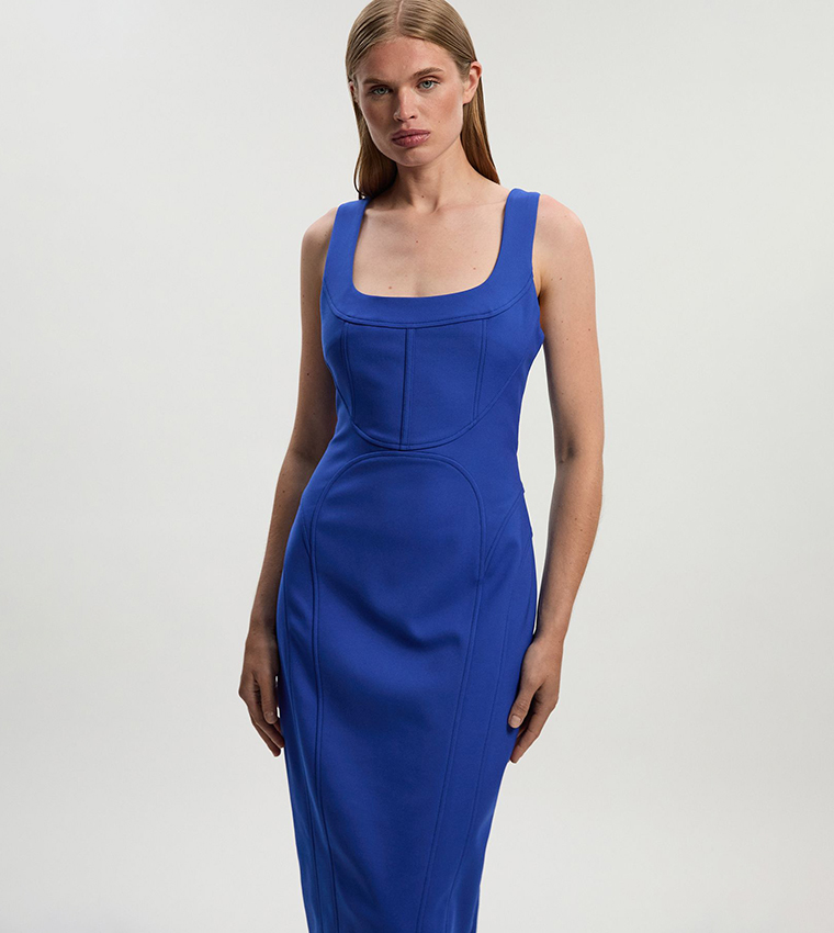 Tailored Scuba Corset Strappy Midi Pencil Dress