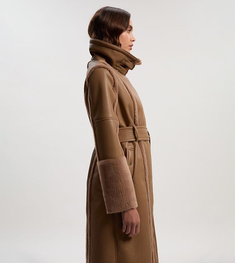 Faux Fur Buckle Detail Belted Biker Midi Coat