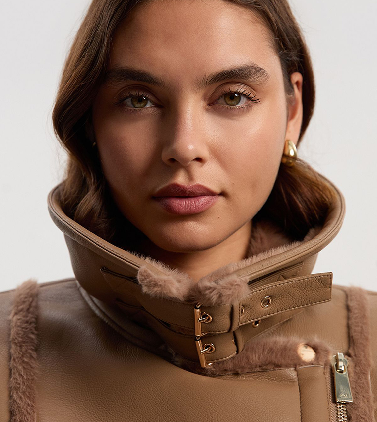 Faux Fur Buckle Detail Belted Biker Midi Coat