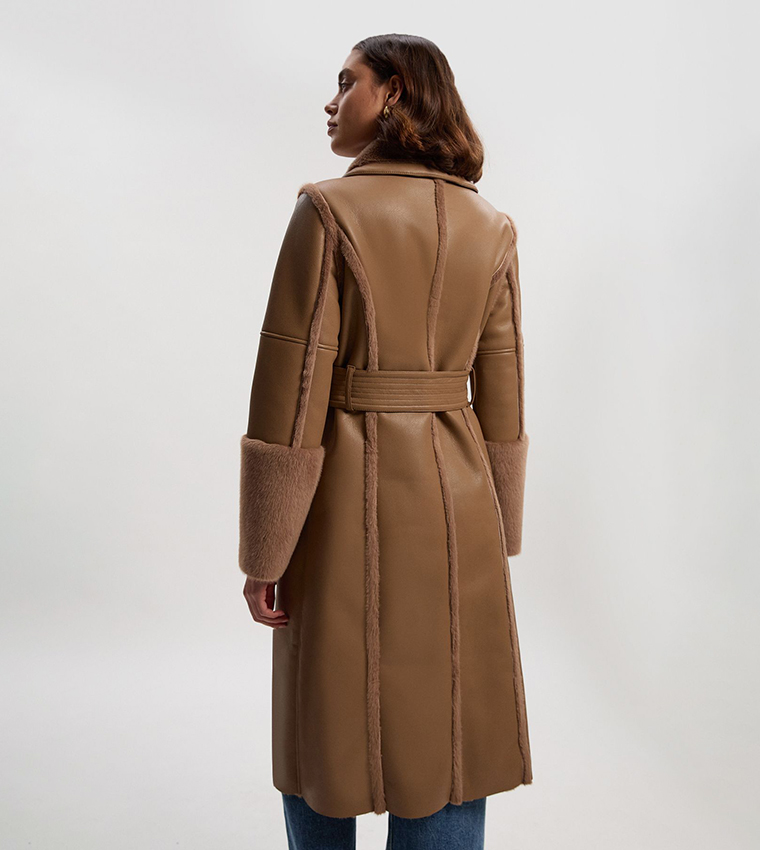 Faux Fur Buckle Detail Belted Biker Midi Coat