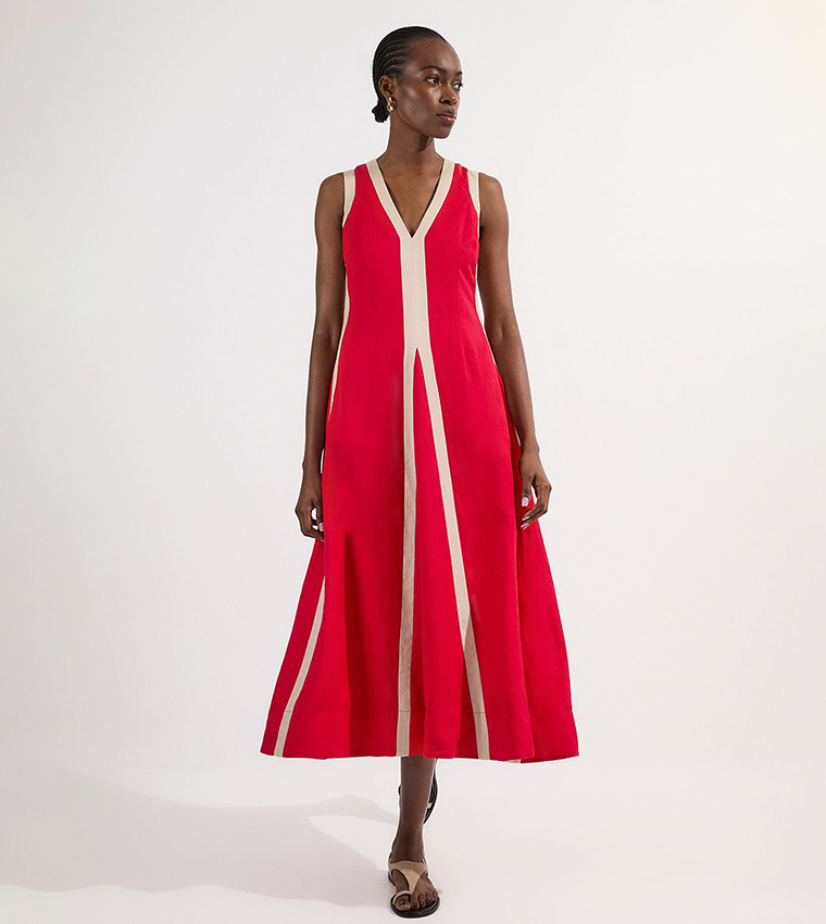 Contrast Linen V-Neck Woven Midi Dress