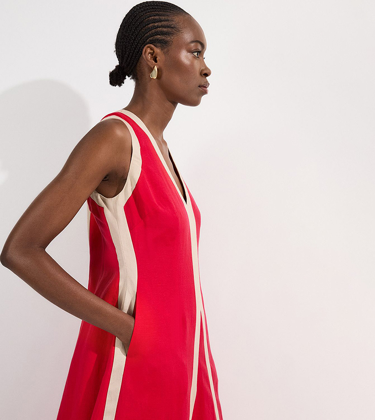 Contrast Linen V-Neck Woven Midi Dress