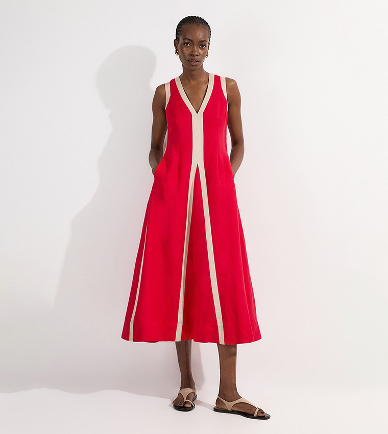 Contrast Linen V-Neck Woven Midi Dress
