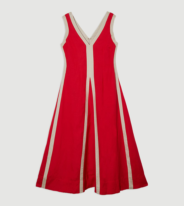 Contrast Linen V-Neck Woven Midi Dress