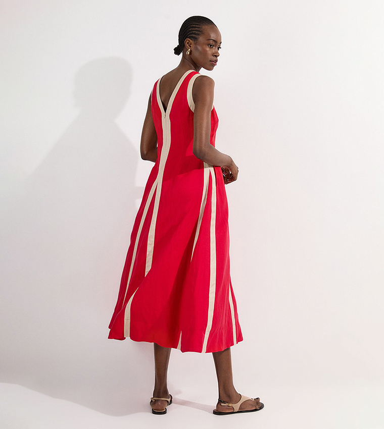 Contrast Linen V-Neck Woven Midi Dress