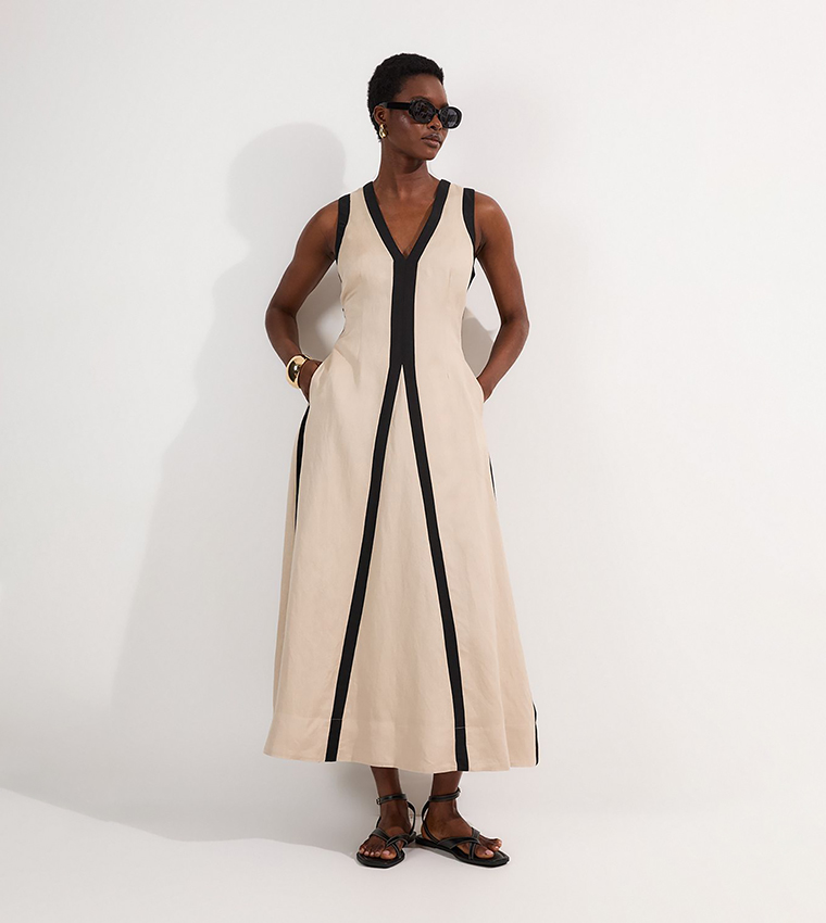 Contrast Linen Plunge Neck Woven Maxi Dress