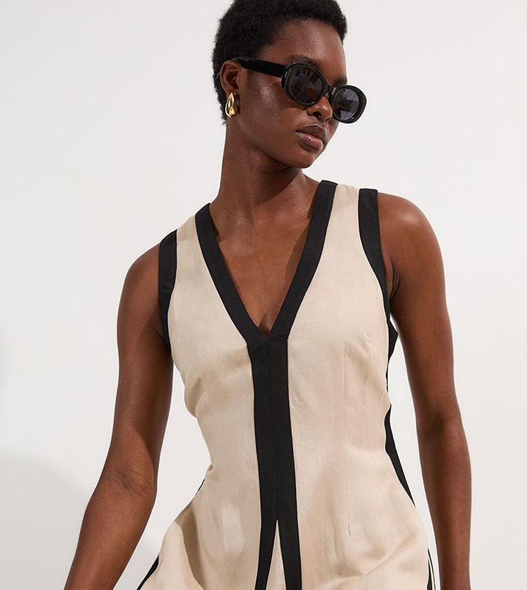 Contrast Linen Plunge Neck Woven Maxi Dress