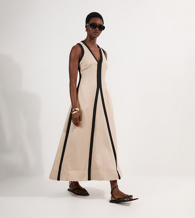 Contrast Linen Plunge Neck Woven Maxi Dress