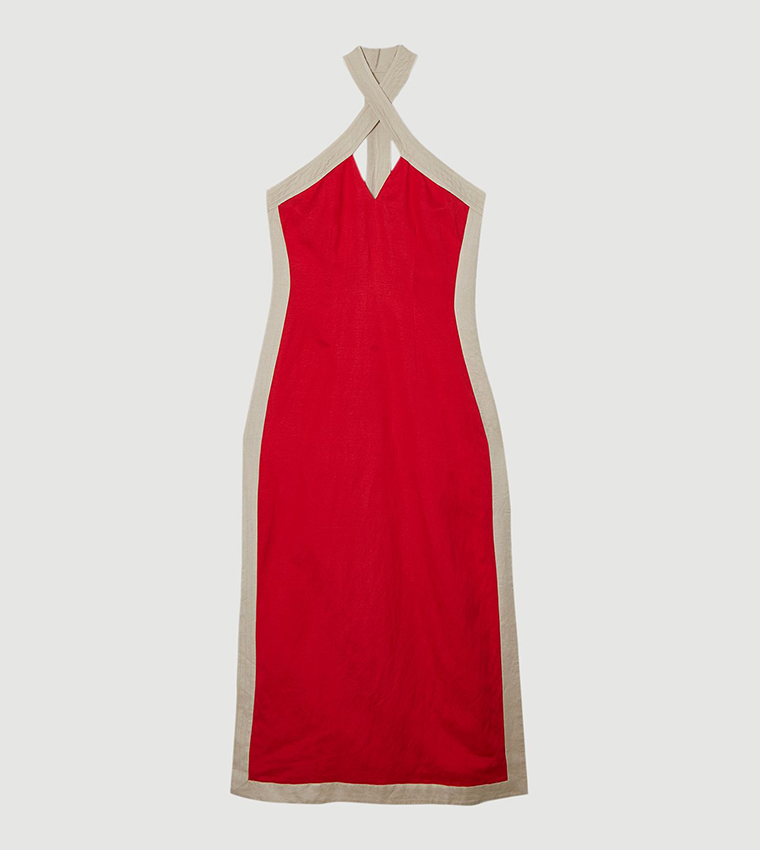 Contrast Linen Halter Neck Woven Midi Dress