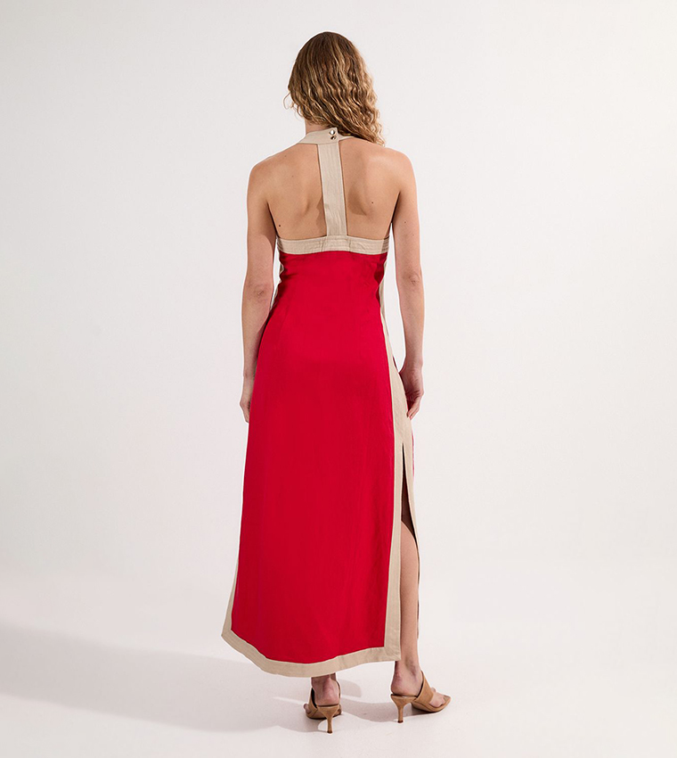 Contrast Linen Halter Neck Woven Midi Dress