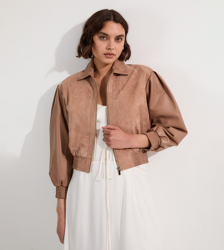 Suede & Leather Mix Bomber Jacket