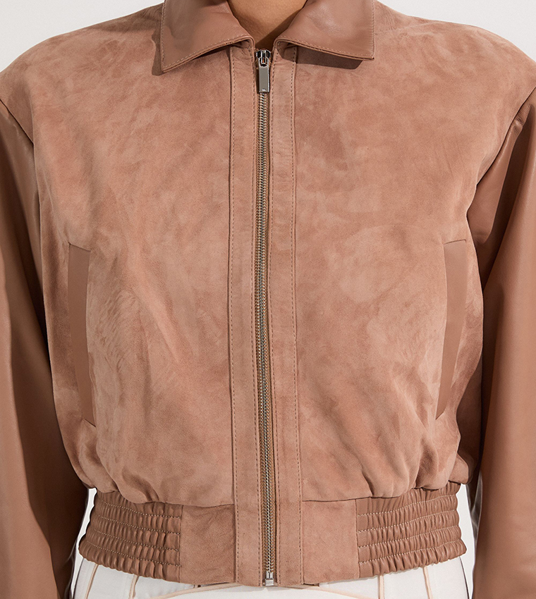 Suede & Leather Mix Bomber Jacket