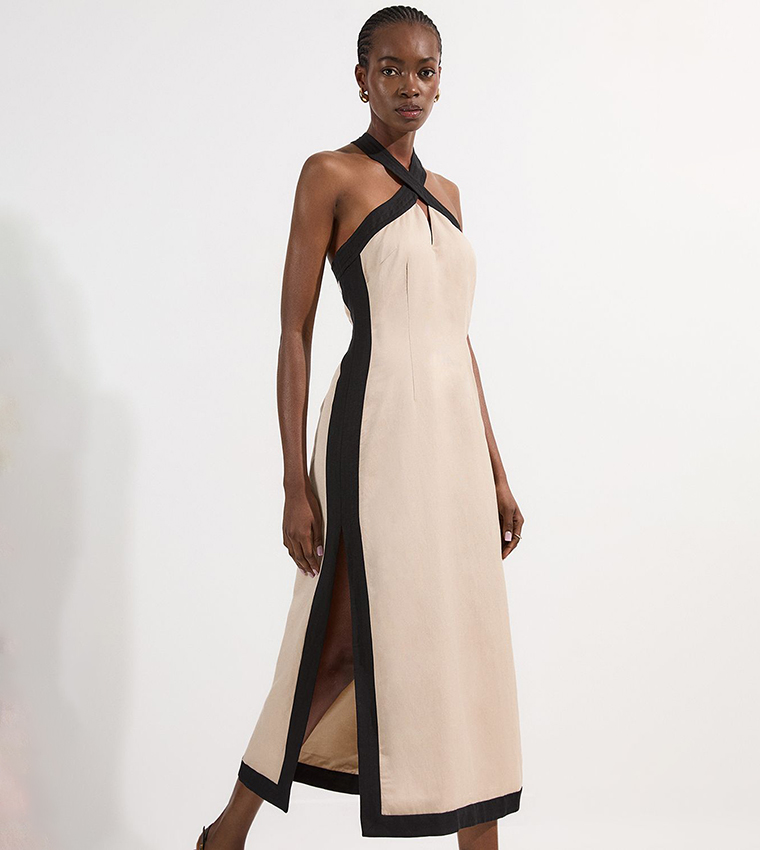 Petite Contrast Linen Halter Neck Woven Maxi Dress