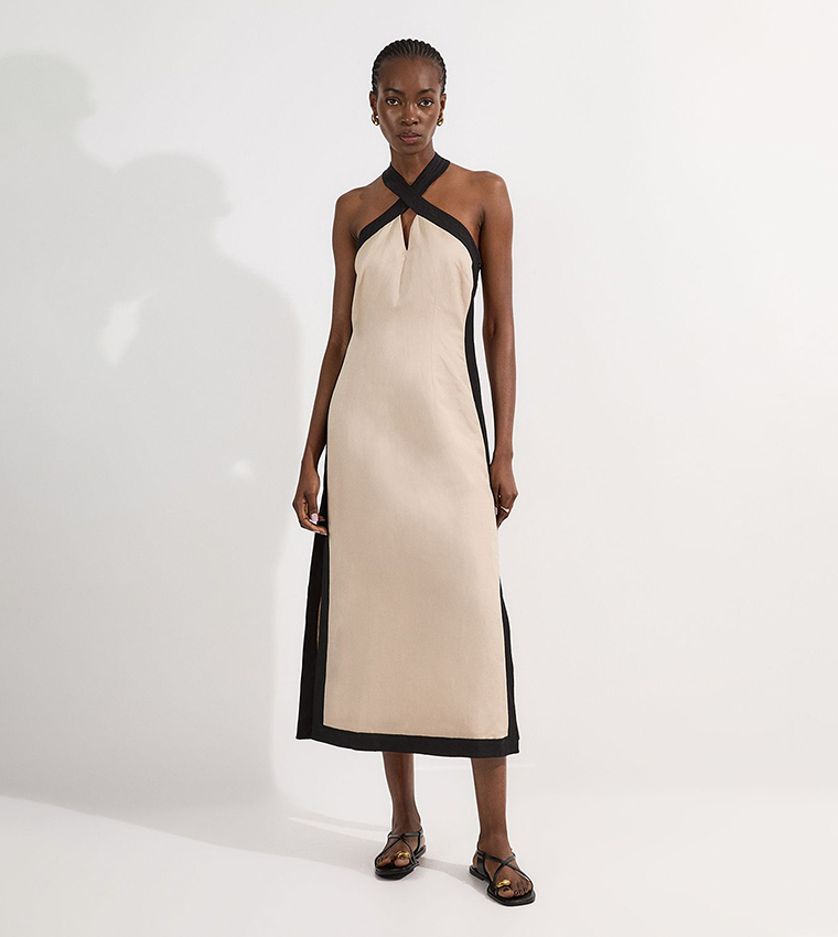 Petite Contrast Linen Halter Neck Woven Maxi Dress