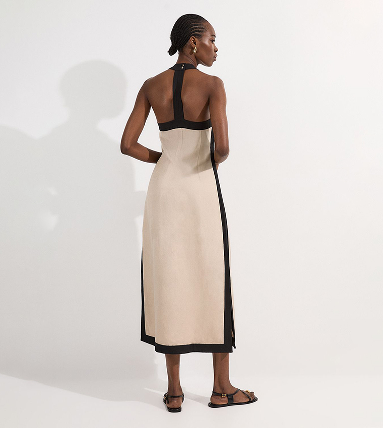 Petite Contrast Linen Halter Neck Woven Maxi Dress